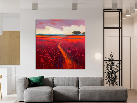 Original Hand Painted Wall Art, Landscape Paintings for Living Room, Abstract Canvas Painting, Abstract Landscape Art, Red Poppy Field Painting-Art Painting Canvas