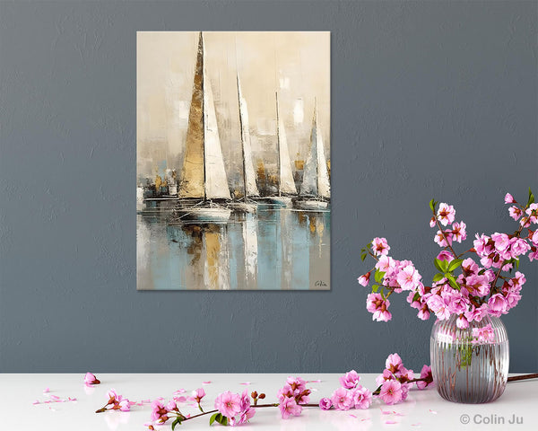 Modern Abstract Wall Art Paintings, Large Original Canvas Art for Bedroom, Large Painting Ideas for Living Room, Sail Boat Canvas Painting-Art Painting Canvas