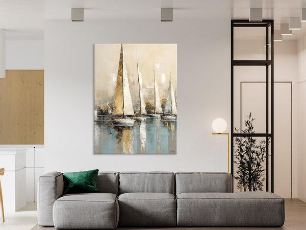 Modern Abstract Wall Art Paintings, Large Original Canvas Art for Bedroom, Large Painting Ideas for Living Room, Sail Boat Canvas Painting-Art Painting Canvas