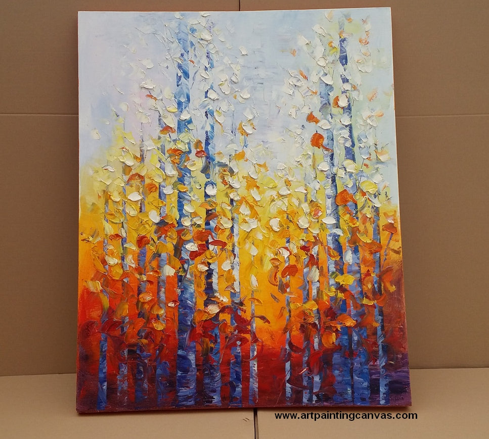 Autumn Birch Tree Painting, Landscape Canvas Paintings, Tree Landscape Paintings, Heavy Texture Canvas Art, Impasto Paintings, Buy Paintings Online