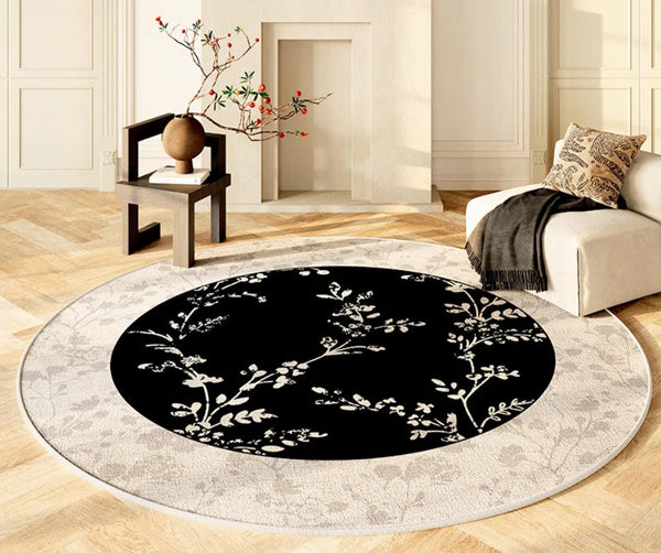 Contemporary Round Rugs for Dining Room, Flower Pattern Round Carpets under Coffee Table, Circular Modern Rugs for Living Room, Modern Area Rugs for Bedroom