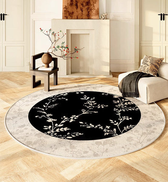 Contemporary Round Rugs for Dining Room, Flower Pattern Round Carpets under Coffee Table, Circular Modern Rugs for Living Room, Modern Area Rugs for Bedroom