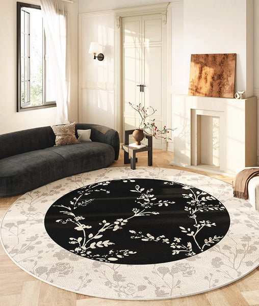 Contemporary Round Rugs for Dining Room, Flower Pattern Round Carpets under Coffee Table, Circular Modern Rugs for Living Room, Modern Area Rugs for Bedroom