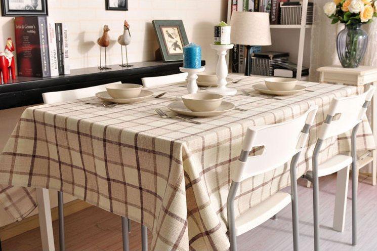 Rustic Wedding Tablecloth, Checked Tablecloth for Home Decoration, Table Cover, Beige Color Checkerboard Linen Tablecloth-Art Painting Canvas