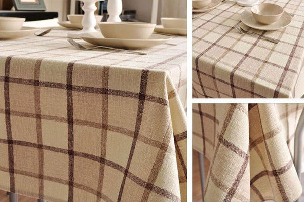 Rustic Wedding Tablecloth, Checked Tablecloth for Home Decoration, Table Cover, Beige Color Checkerboard Linen Tablecloth-Art Painting Canvas