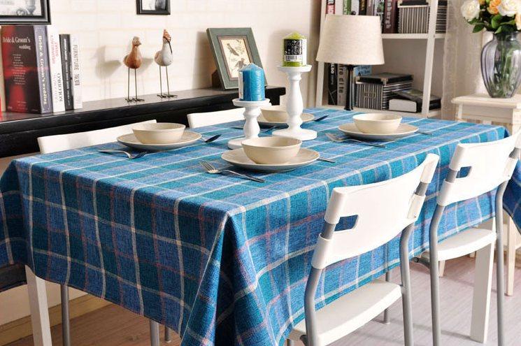 Modern Blue Table Cover, Blue Checked Linen Tablecloth, Rustic Home Decor, Checkerboard Tablecloth for Dining Room Table-Art Painting Canvas