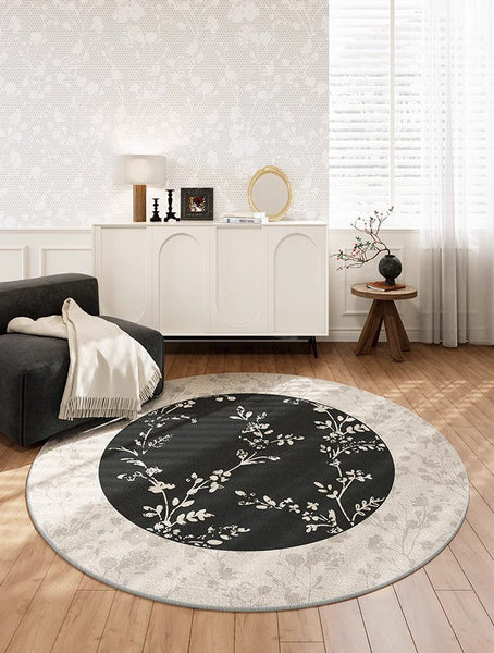 Contemporary Round Rugs for Dining Room, Flower Pattern Round Carpets under Coffee Table, Circular Modern Rugs for Living Room, Modern Area Rugs for Bedroom