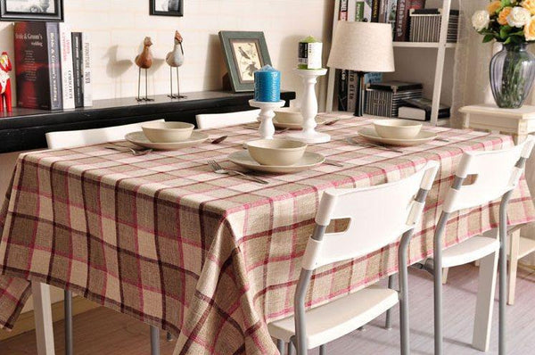 Khaki Checked Linen Tablecloth, Rustic Home Decor , Checkerboard Tablecloth, Table Cover-Art Painting Canvas