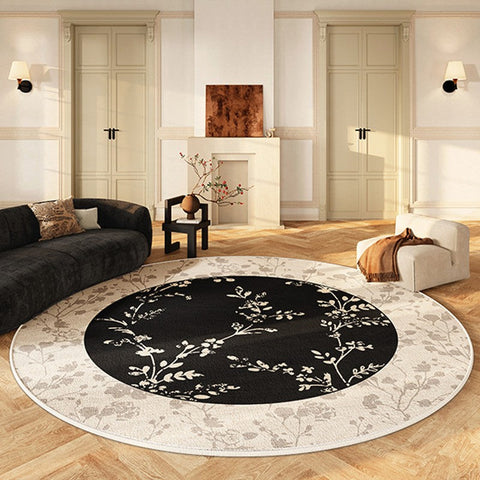 Contemporary Round Rugs for Dining Room, Flower Pattern Round Carpets under Coffee Table, Circular Modern Rugs for Living Room, Modern Area Rugs for Bedroom-Art Painting Canvas