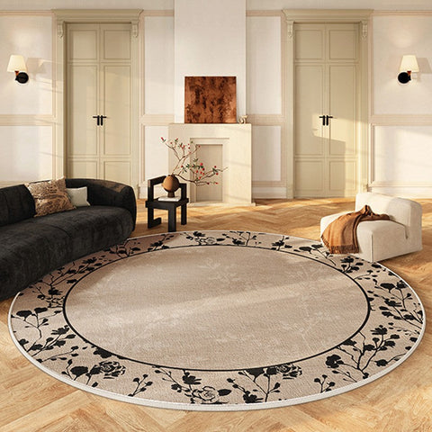 Flower Pattern Round Carpets under Coffee Table, Contemporary Round Rugs for Dining Room, Circular Modern Rugs for Living Room, Modern Area Rugs for Bedroom-Art Painting Canvas
