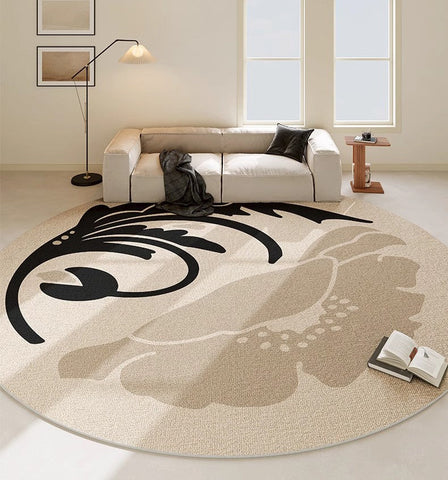 Dining Room Round Rugs, Modern Area Rugs under Coffee Table, Round Modern Rugs, Flower Pattern Abstract Contemporary Area Rugs, Modern Rugs in Bedroom-Art Painting Canvas