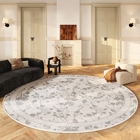 Modern Area Rugs for Bedroom, Flower Pattern Round Carpets under Coffee Table, Contemporary Round Rugs for Dining Room, Circular Modern Rugs for Living Room-Art Painting Canvas