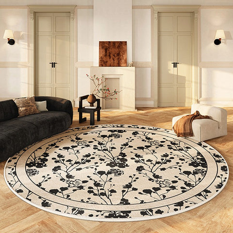 Modern Area Rugs for Bedroom, Flower Pattern Round Carpets under Coffee Table, Circular Modern Rugs for Living Room, Contemporary Round Rugs for Dining Room-Art Painting Canvas