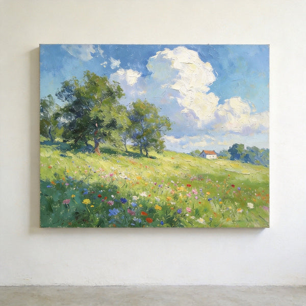 Original Landscape Paintings, Wildflower Hillside Under Soft Clouds, Buy Original Artwork Online, Hand Painted Canvas Art, Small Canvas Wall Art Paintings-Art Painting Canvas