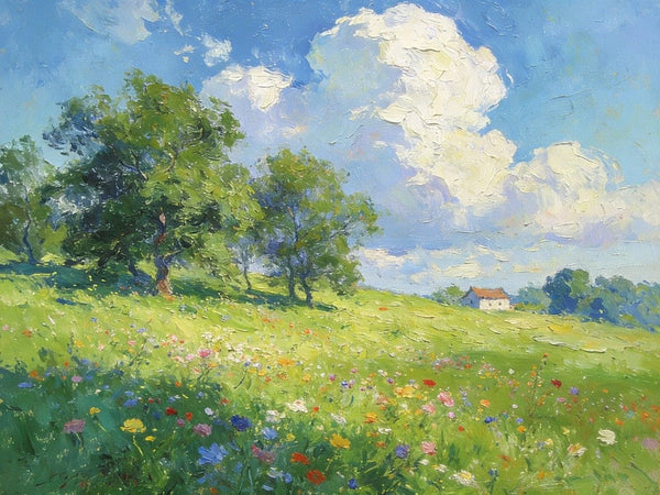 Original Landscape Paintings, Wildflower Hillside Under Soft Clouds, Buy Original Artwork Online, Hand Painted Canvas Art, Small Canvas Wall Art Paintings-Art Painting Canvas