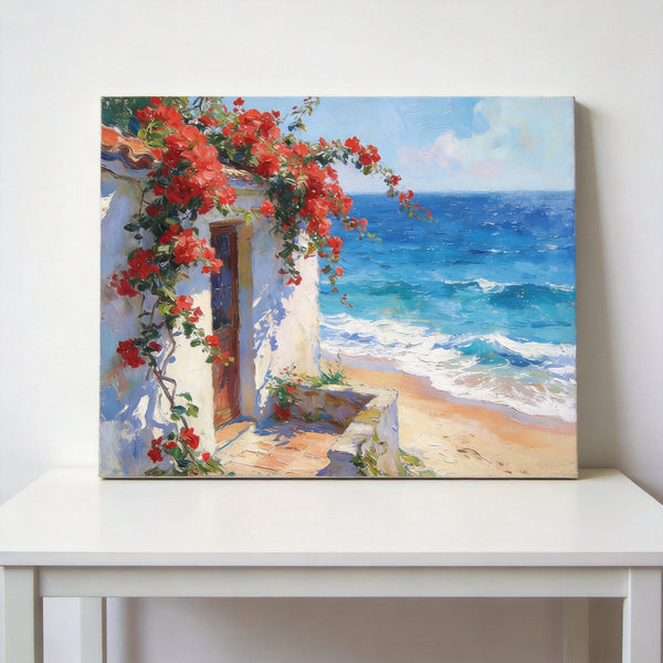 Buy Original Oil Paintings Online, Bougainvillea by the Turquoise Shore, Original Small Paintings, Seashore Beach Painting, Hand Painted Canvas Art, Small Canvas Wall Art Paintings-Art Painting Canvas