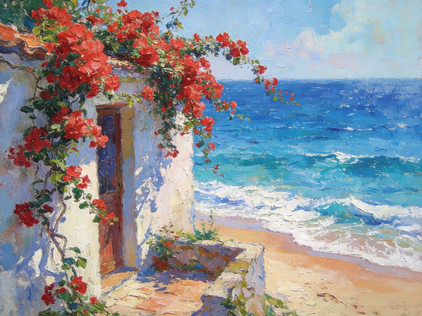 Buy Original Oil Paintings Online, Bougainvillea by the Turquoise Shore, Original Small Paintings, Seashore Beach Painting, Hand Painted Canvas Art, Small Canvas Wall Art Paintings-Art Painting Canvas