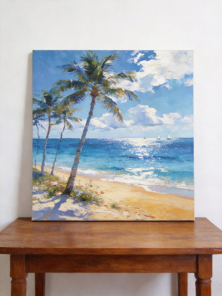 Hand Painted Canvas Art, Sunlit Palm Shore with Sails, Seashore Beach Painting, Small Canvas Artwork, Original Landscape Paintings, Buy Small Paintings Online-Art Painting Canvas