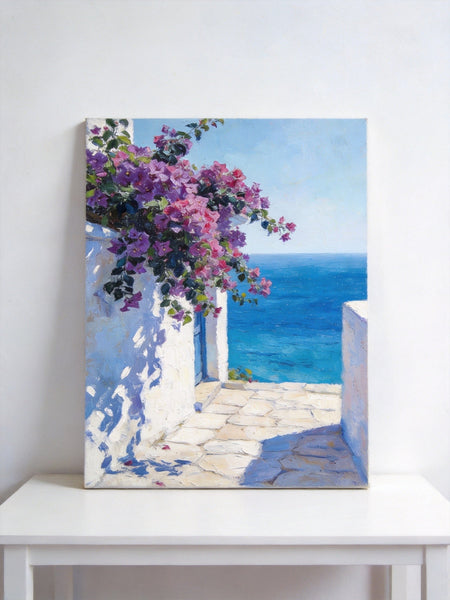 Original Landscape Paintings, Blooming Purple Bougainvillea and the Azure Mediterranean, Hand Painted Canvas Art, Small Canvas Wall Art Paintings, Original Oil Paintings-Art Painting Canvas