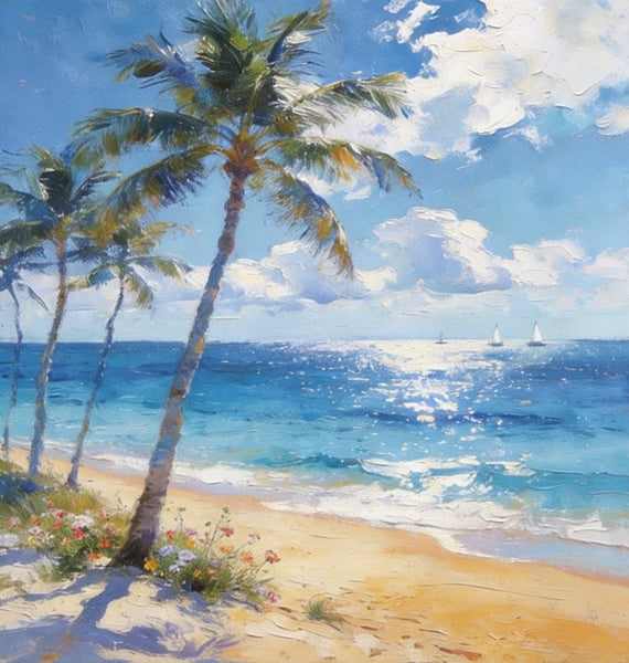 Hand Painted Canvas Art, Sunlit Palm Shore with Sails, Seashore Beach Painting, Small Canvas Artwork, Original Landscape Paintings, Buy Small Paintings Online-Art Painting Canvas