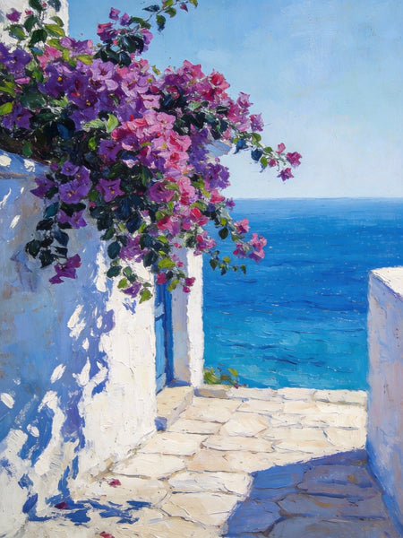 Original Landscape Paintings, Blooming Purple Bougainvillea and the Azure Mediterranean, Hand Painted Canvas Art, Small Canvas Wall Art Paintings, Original Oil Paintings-Art Painting Canvas