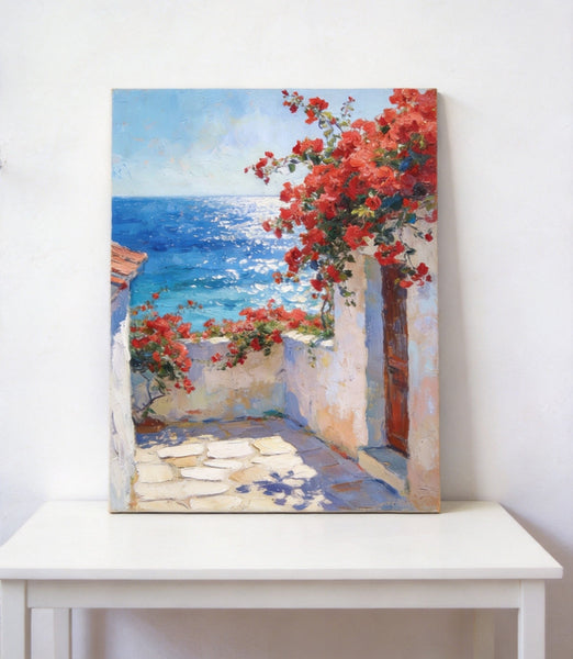 Crimson Blooms and Azure Mediterranean, Hand Painted Canvas Art, Original Landscape Paintings, Small Canvas Wall Art Paintings, Original Oil Paintings-Art Painting Canvas