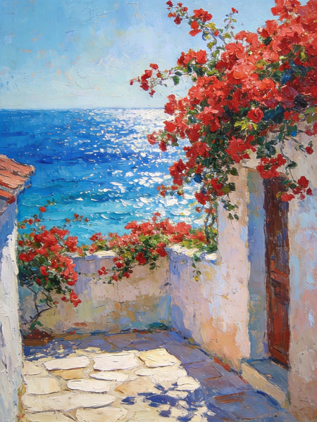 Crimson Blooms and Azure Mediterranean, Hand Painted Canvas Art, Original Landscape Paintings, Small Canvas Wall Art Paintings, Original Oil Paintings-Art Painting Canvas