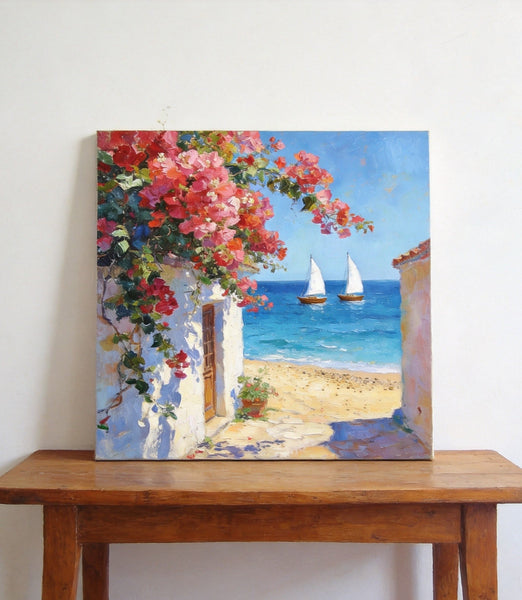 Blooming Bougainvillea and the Azure Mediterranean, Hand Painted Canvas Art, Seashore Beach Paintings, Original Oil Paintings, Buy Small Artwork Online-Art Painting Canvas
