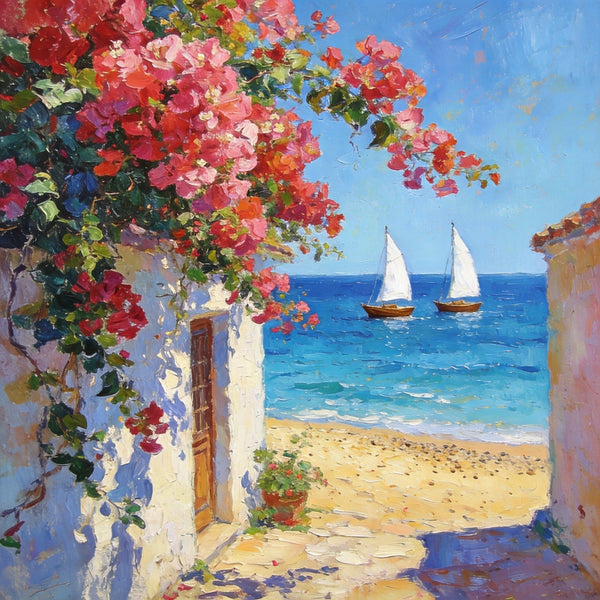 Blooming Bougainvillea and the Azure Mediterranean, Hand Painted Canvas Art, Seashore Beach Paintings, Original Oil Paintings, Buy Small Artwork Online-Art Painting Canvas