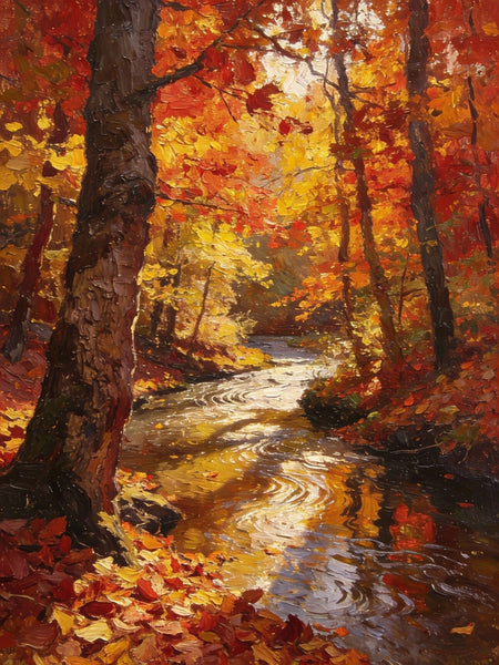 Original Artwork Small Paintings, A Brook through the Autumn Woods, Heavy Texture Wall Art Paintings, On Canvas Small Paintings, Hand Painted Canvas Art-Art Painting Canvas