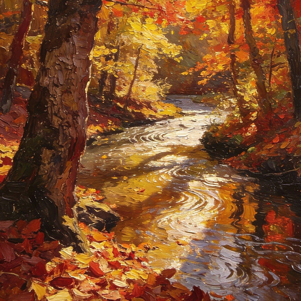 Original Artwork Small Paintings, A Brook through the Autumn Woods, Heavy Texture Wall Art Paintings, On Canvas Small Paintings, Hand Painted Canvas Art-Art Painting Canvas