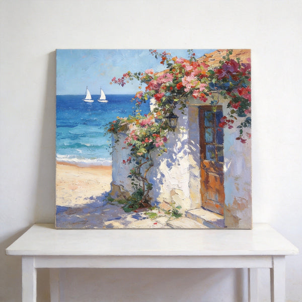 Hand Painted Canvas Art, Blooming Bougainvillea and the Azure Mediterranean, Seashore Beach Paintings, Original Oil Paintings, Buy Small Artwork Online-Art Painting Canvas