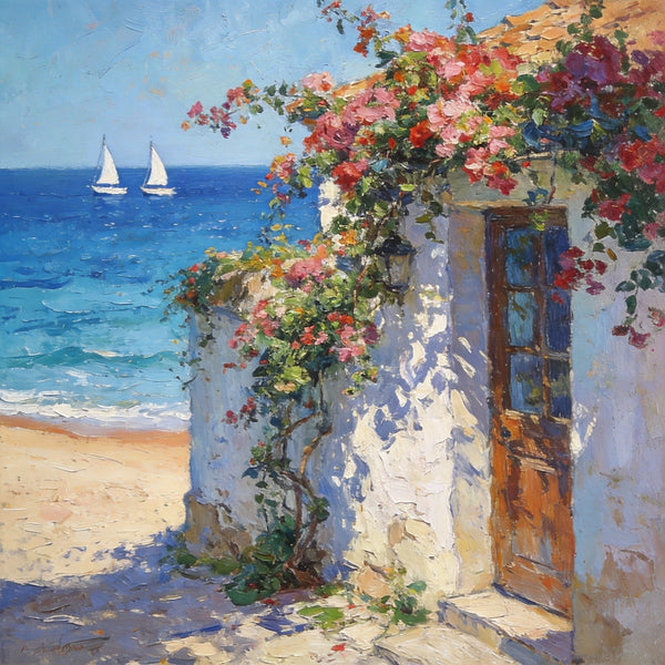 Hand Painted Canvas Art, Blooming Bougainvillea and the Azure Mediterranean, Seashore Beach Paintings, Original Oil Paintings, Buy Small Artwork Online-Art Painting Canvas