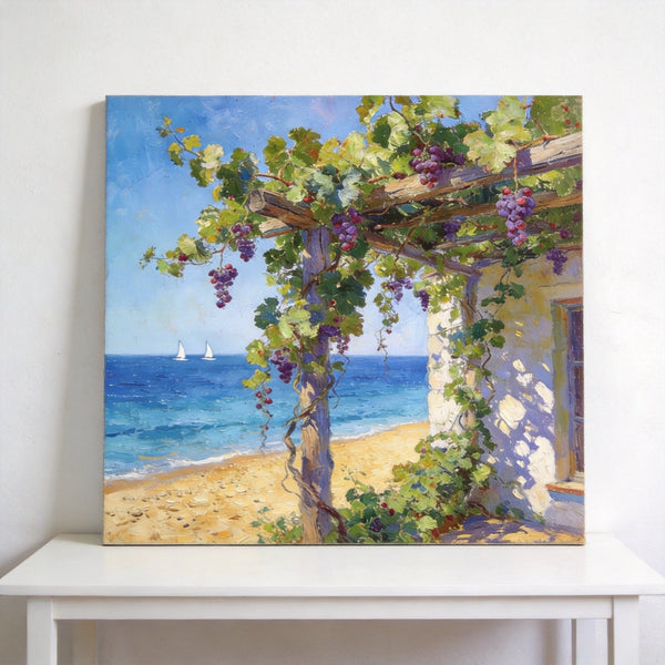 Hand Painted Canvas Art, Summer Glow on the Vine-Covered Terrace, Seashore Beach Paintings, Original Oil Paintings, Buy Small Artwork Online-Art Painting Canvas