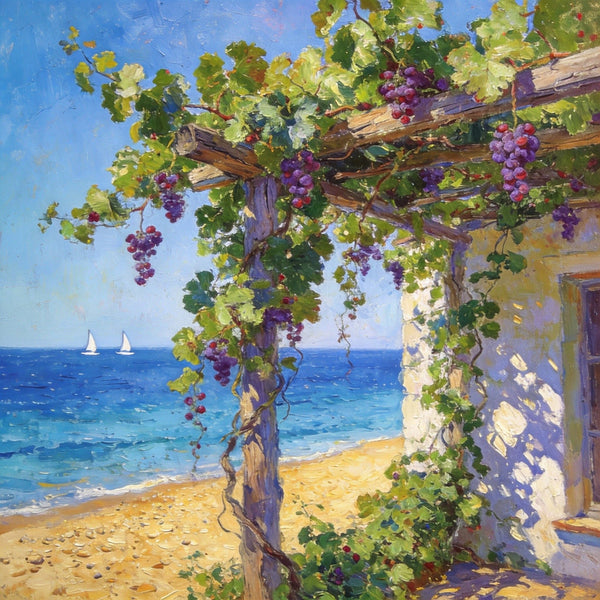 Hand Painted Canvas Art, Summer Glow on the Vine-Covered Terrace, Seashore Beach Paintings, Original Oil Paintings, Buy Small Artwork Online-Art Painting Canvas