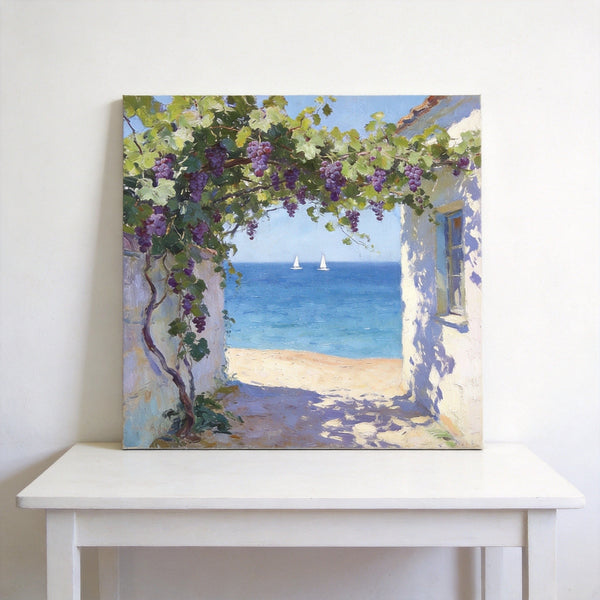 Summer Glow on the Vine-Covered Terrace, Seashore Beach Paintings, Hand Painted Canvas Art, Original Oil Paintings, Buy Small Artwork Online-Art Painting Canvas
