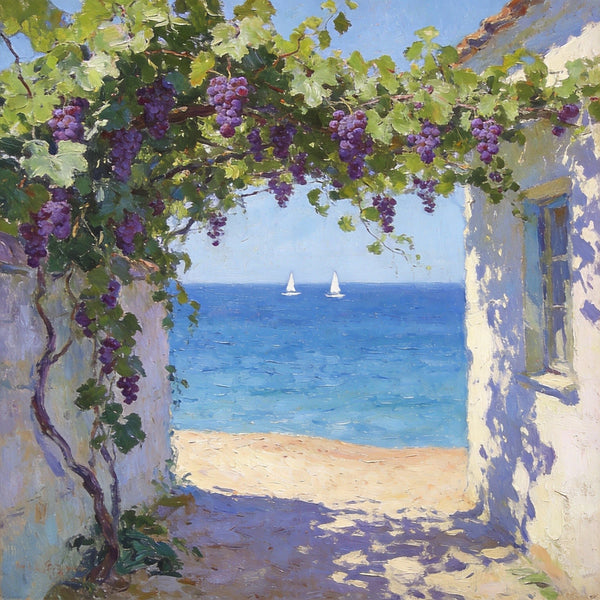 Summer Glow on the Vine-Covered Terrace, Seashore Beach Paintings, Hand Painted Canvas Art, Original Oil Paintings, Buy Small Artwork Online-Art Painting Canvas