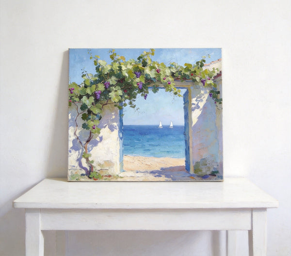 Original Small Paintings, Seaside Cottage Under the Grape Canopy, Hand Painted Canvas Art, Small Canvas Wall Art Paintings, Original Oil Paintings-Art Painting Canvas