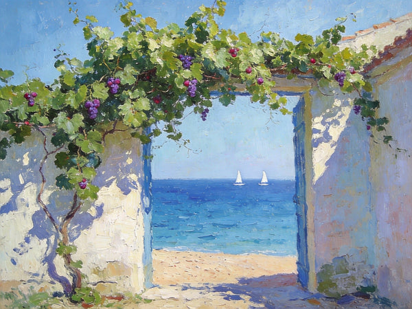 Original Small Paintings, Seaside Cottage Under the Grape Canopy, Hand Painted Canvas Art, Small Canvas Wall Art Paintings, Original Oil Paintings-Art Painting Canvas