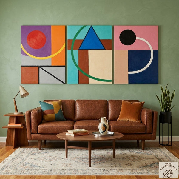 Abstract Geometric Contemporary Artwork, Modern Paintings for Mid Century Living Room, Multi Panel Canvas Art-Art Painting Canvas