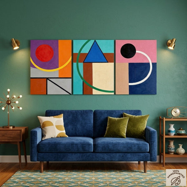 Abstract Geometric Contemporary Artwork, Modern Paintings for Mid Century Living Room, Multi Panel Canvas Art-Art Painting Canvas