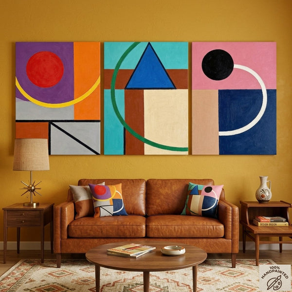 Abstract Geometric Contemporary Artwork, Modern Paintings for Mid Century Living Room, Multi Panel Canvas Art-Art Painting Canvas