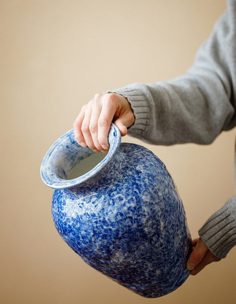 Modern Pottery Flower Vases, Handmade Water Holding Flower Vases, Centerpiece on Dining Table, Blue Pottery Bud Vases, Large Flower Vases on Table-Art Painting Canvas