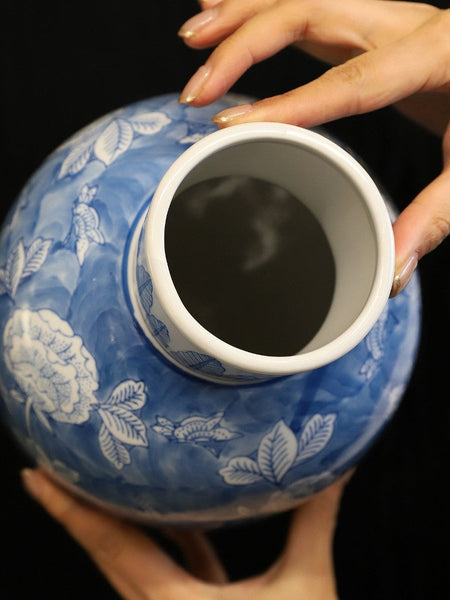 Centerpiece Ceramic Bouquet Vases, Handmade Modern Flower Vase, Large Flower Vases on Dining Table, Blue Porcelain Flower Vases-Art Painting Canvas