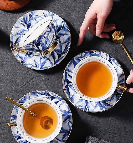 Unique British Tea Cup and Saucer in Gift Box, Blue Porcelain Tea Cup Saucer Set, 7.4 oz British Ceramic Coffee Cups-Art Painting Canvas