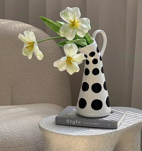 Ceramic Bud Vases, Small Flower Vases on Table, Black and White Polka Dot Flower Vase, Modern Porcelain Flower Vases, Handmade Water Holding Flower Vases-Art Painting Canvas