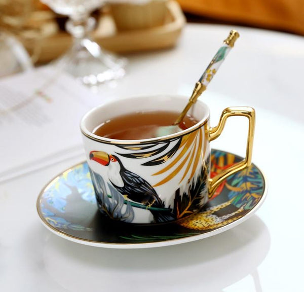 Elegant Tea Cup and Saucer, Jungle Toucan Pattern Porcelain Coffee Cups, 7.4 oz Coffee Cups with Gold Trim and Gift Box-Art Painting Canvas