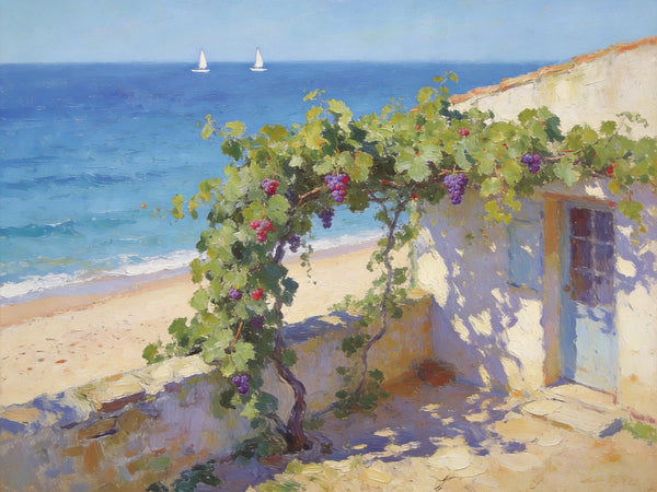 Original Landscape Paintings, Summer Glow on the Vine-Covered Terrace, Hand Painted Canvas Art, Seashore Beach Painting, Small Canvas Wall Art Paintings, Buy Art Online, Original Oil Paintings-Art Painting Canvas
