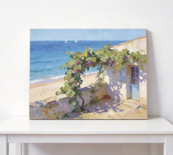 Original Landscape Paintings, Summer Glow on the Vine-Covered Terrace, Hand Painted Canvas Art, Seashore Beach Painting, Small Canvas Wall Art Paintings, Buy Art Online, Original Oil Paintings-Art Painting Canvas