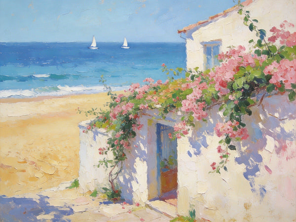Original Small Paintings, Sunlit Seaside Cottage with Bougainvillea, Seashore Beach Painting, Hand Painted Canvas Art, Small Canvas Wall Art Paintings, Original Oil Paintings-Art Painting Canvas